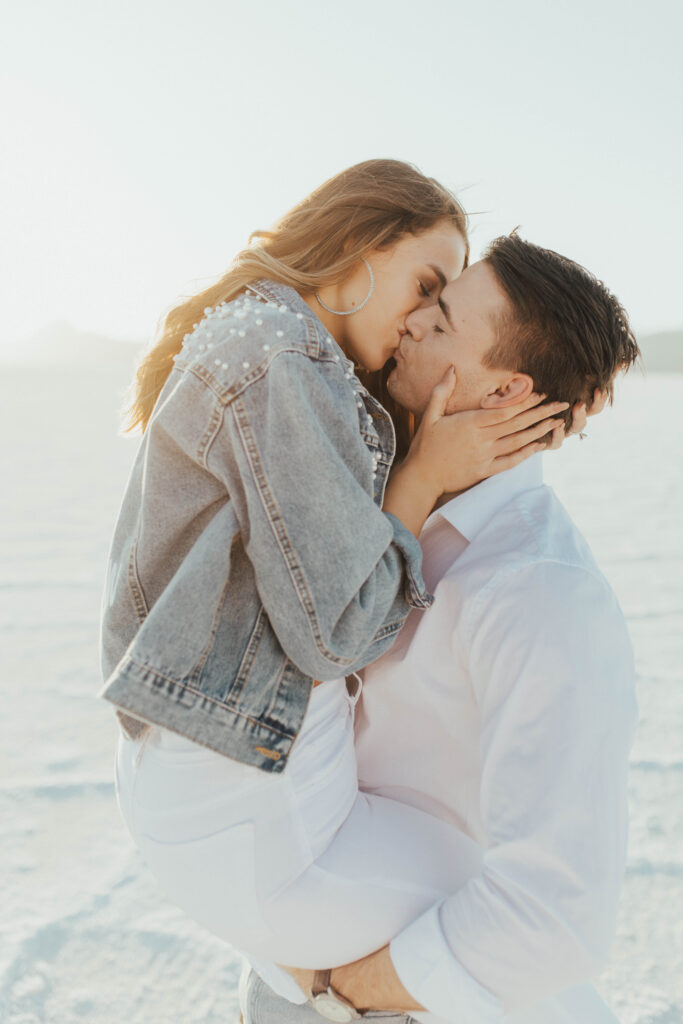 Soft, romantic moment during Salt Flats elopement-inspired portraits.